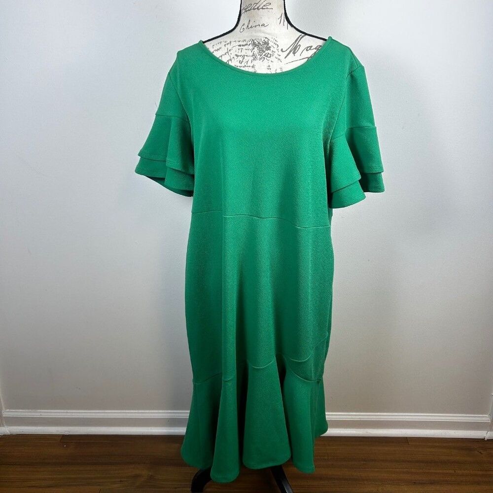 Avenue Dress Womens 18/20 Green Textured Knit Tiered Ruffle Sleeve Midi Flounce
